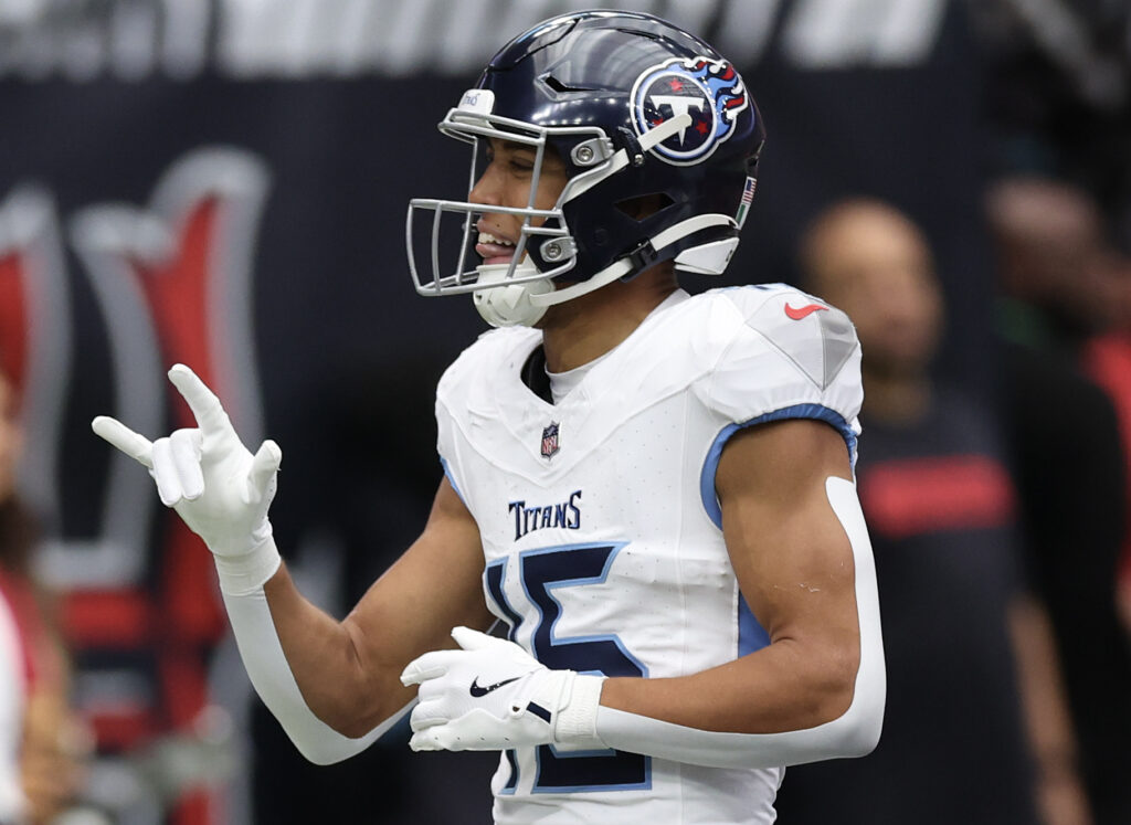 Tennessee Titans wide receiver Nick Westbrook-Ikhine (15) celebrates his touchdown reception against the Houston Texans in the first quarter at NRG Stadium.