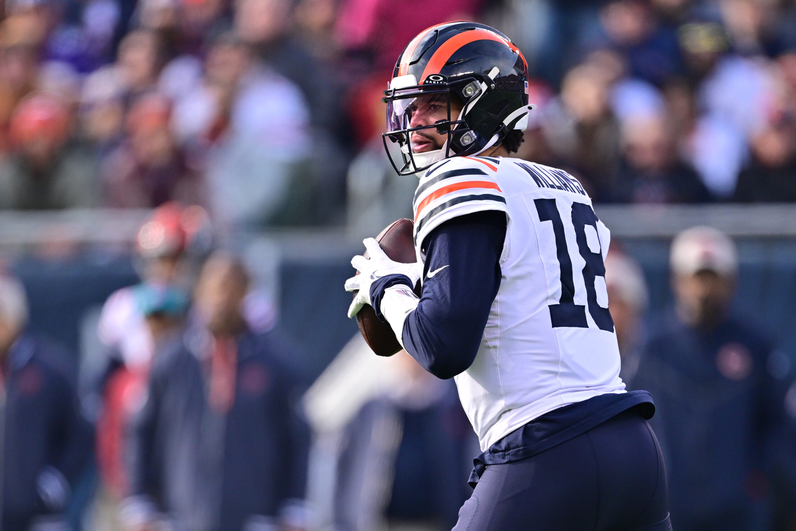 Chicago Bears quarterback Caleb Williams (18) looks to pass against the Minnesota Vikings during the first quarter at Soldier Field.