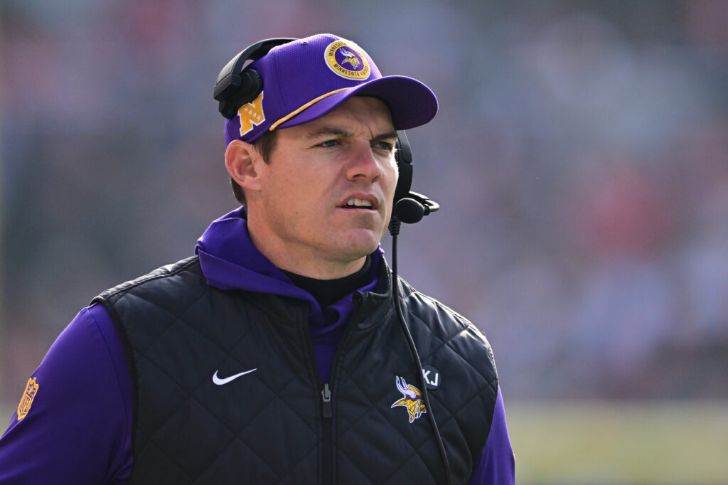 Minnesota Vikings head coach Kevin O'Connell looks on against the Chicago Bears during the second quarter at Soldier Field.