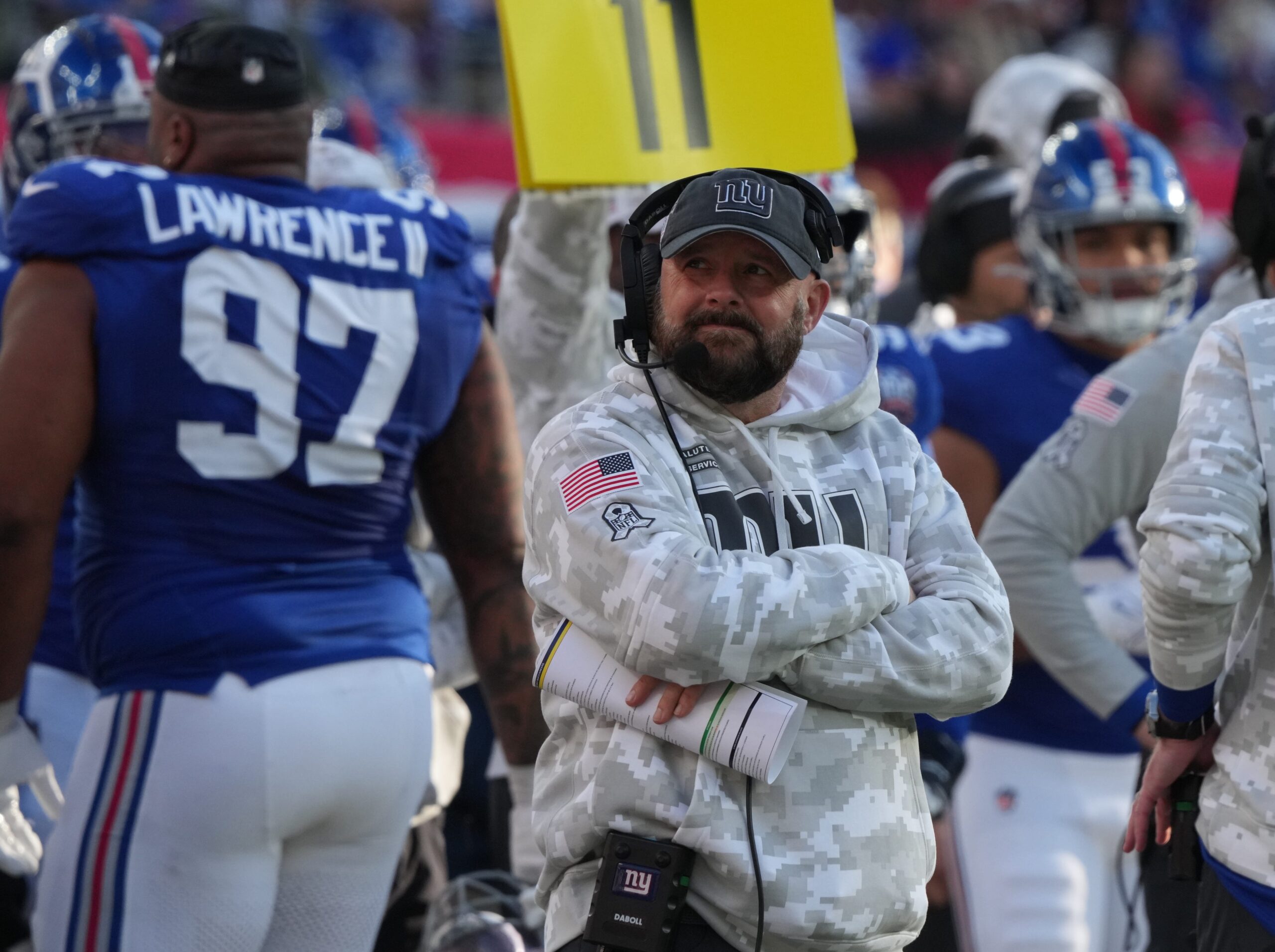 East Rutherford, NJ -- November 24, 2024 -- Giants head coach Brian Daboll late in the first half as the Tampa Bay Buccaneers came to MetLife Stadium to play the New York Giants.