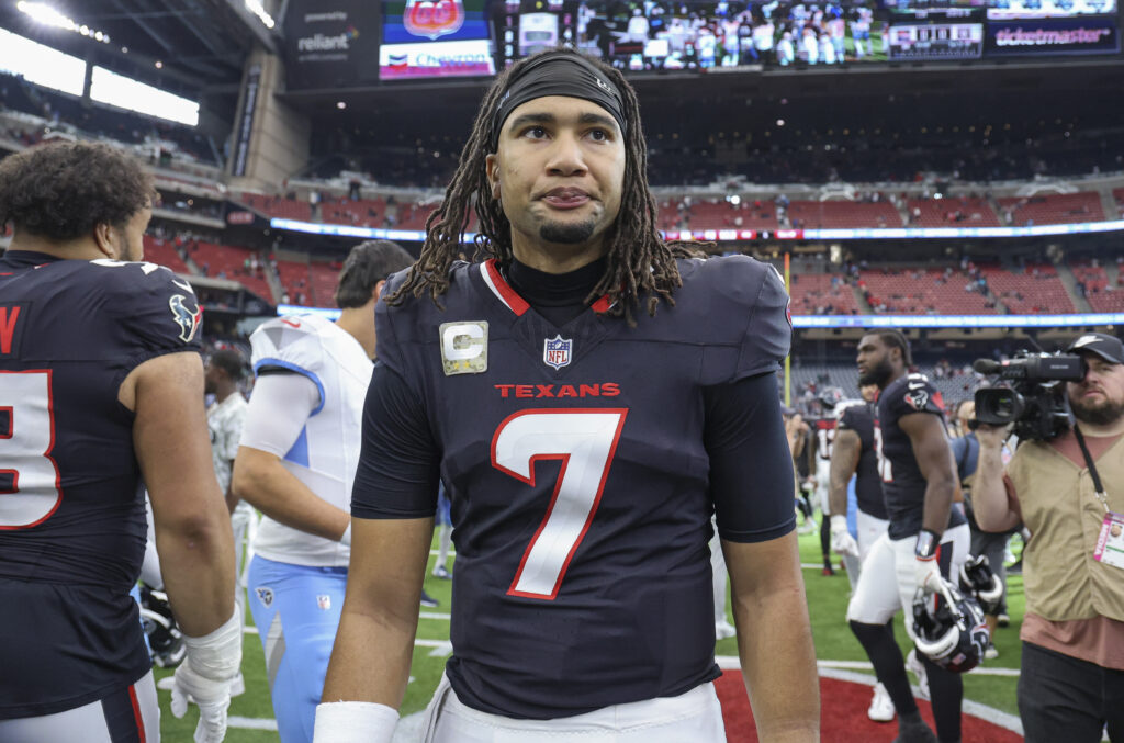 Houston Texans quarterback C.J. Stroud (7) looks up on the field after the game against the Tennessee Titans at NRG Stadium.