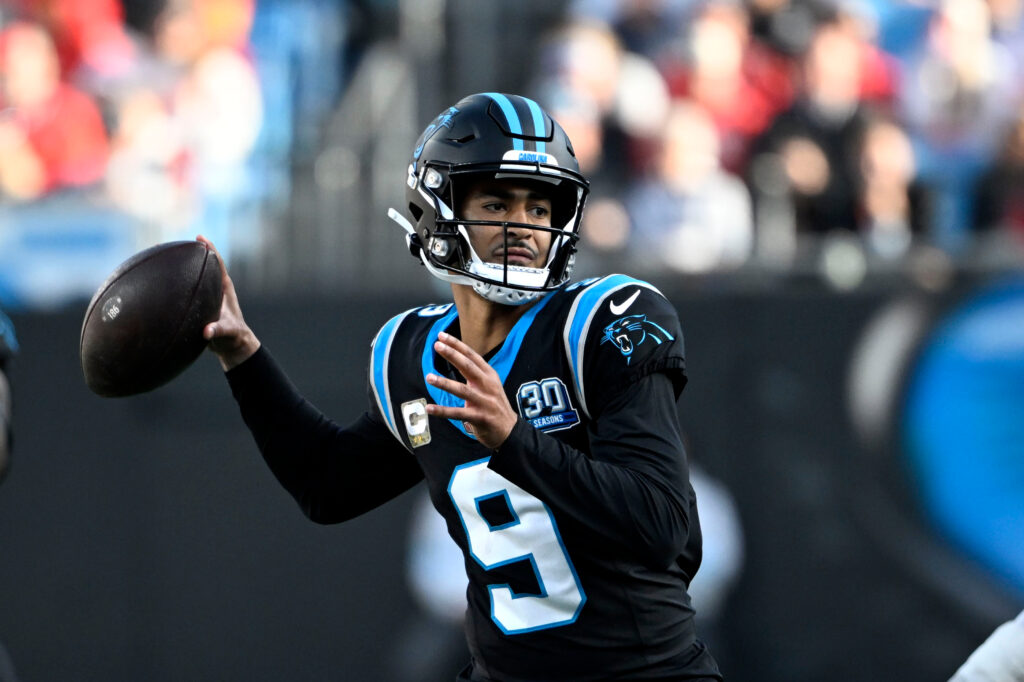 Carolina Panthers quarterback Bryce Young (9) looks to pass in the third quarter at Bank of America Stadium.