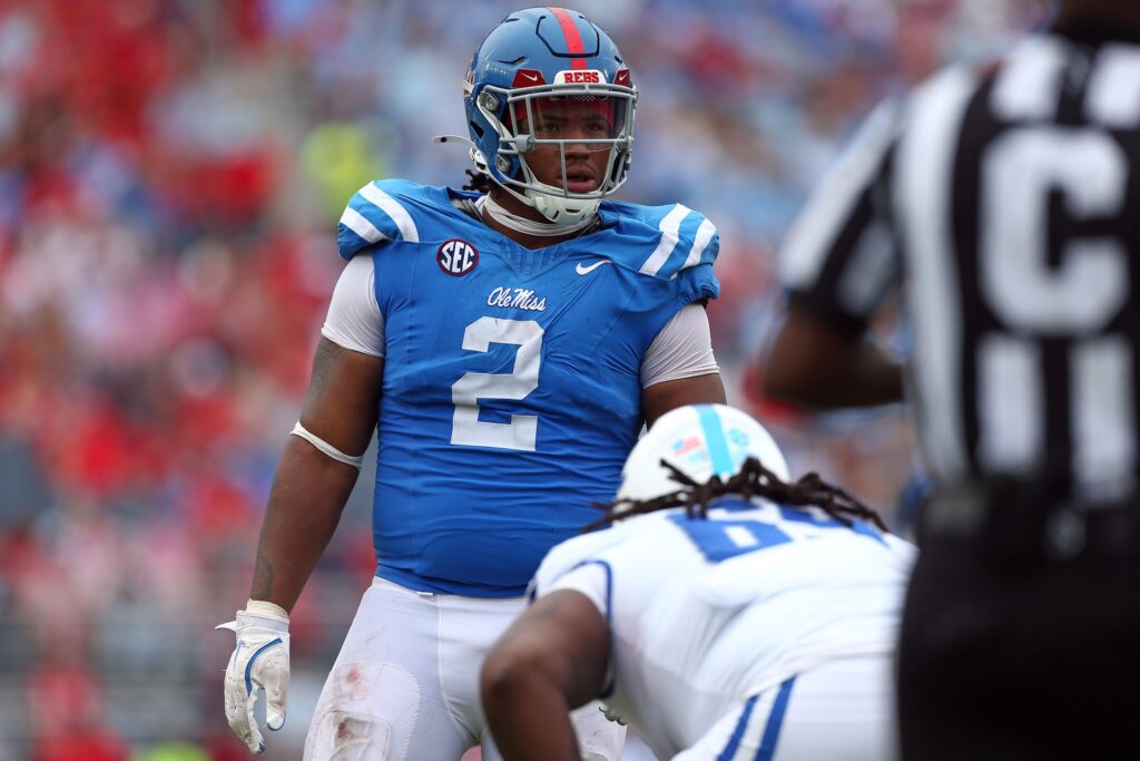 Mississippi Rebels defensive lineman Walter Nolen waits for the snap during the second half against the Kentucky Wildcats in college football game action at Vaught-Hemingway Stadium