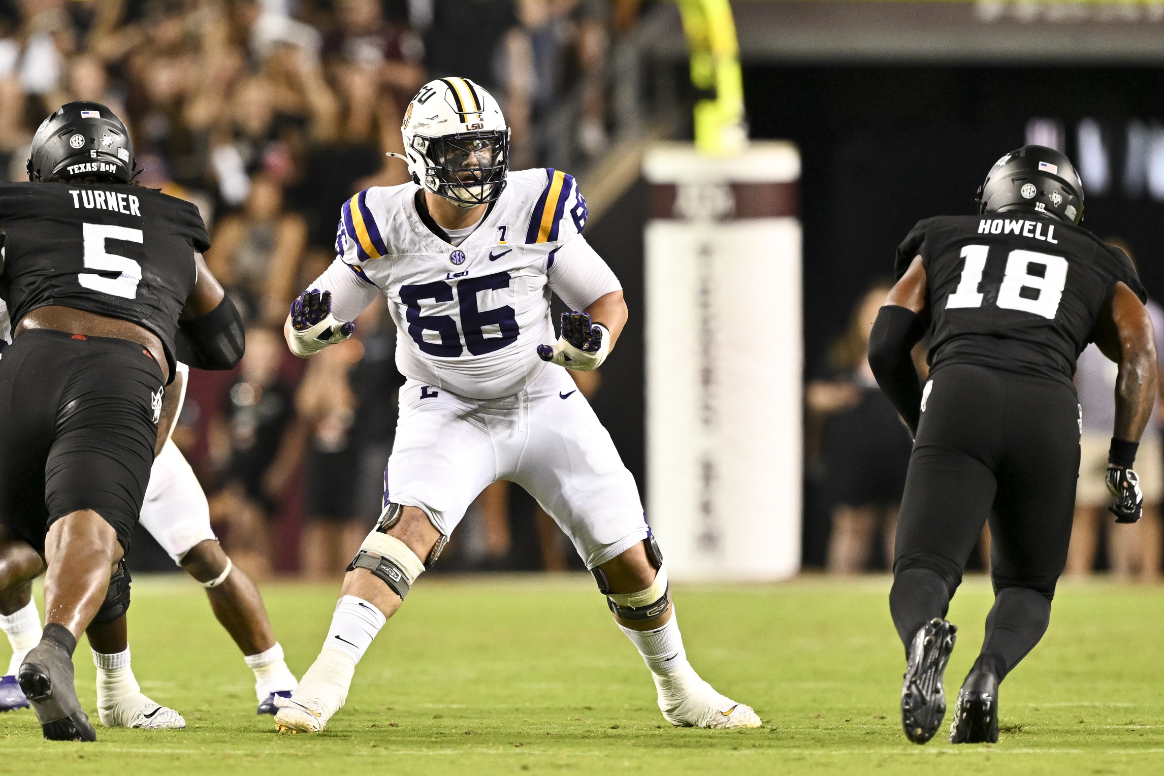 LSU Tigers offensive tackle Will Campbell in action during the second half against the Texas A&M Aggies in college football game at Kyle Field