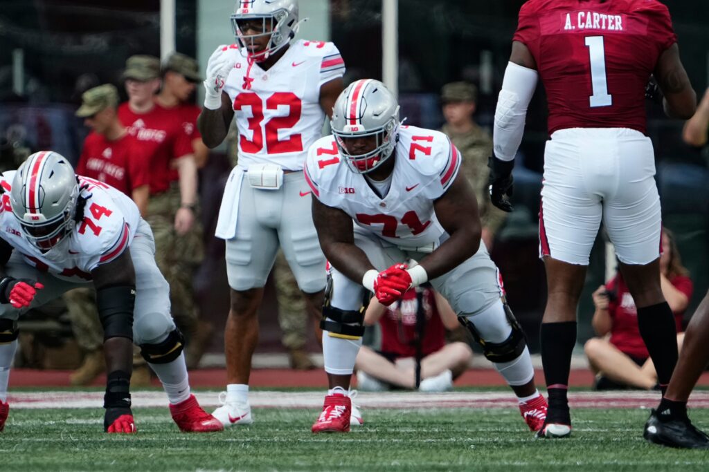 Ohio State Buckeyes offensive lineman Josh Simmons (71) lines up during the NCAA football game at Indiana University Memorial Stadium. 