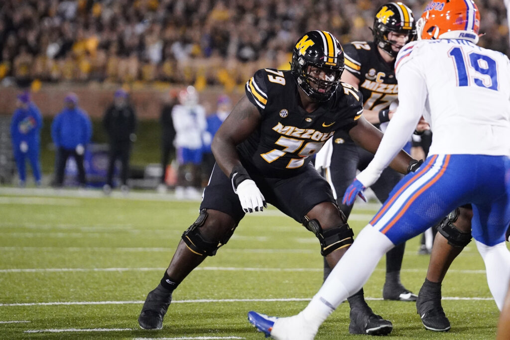 Missouri Tigers offensive lineman Armand Membou (79) at the line of scrimmage against the Florida Gators during the game at Faurot Field at Memorial Stadium.