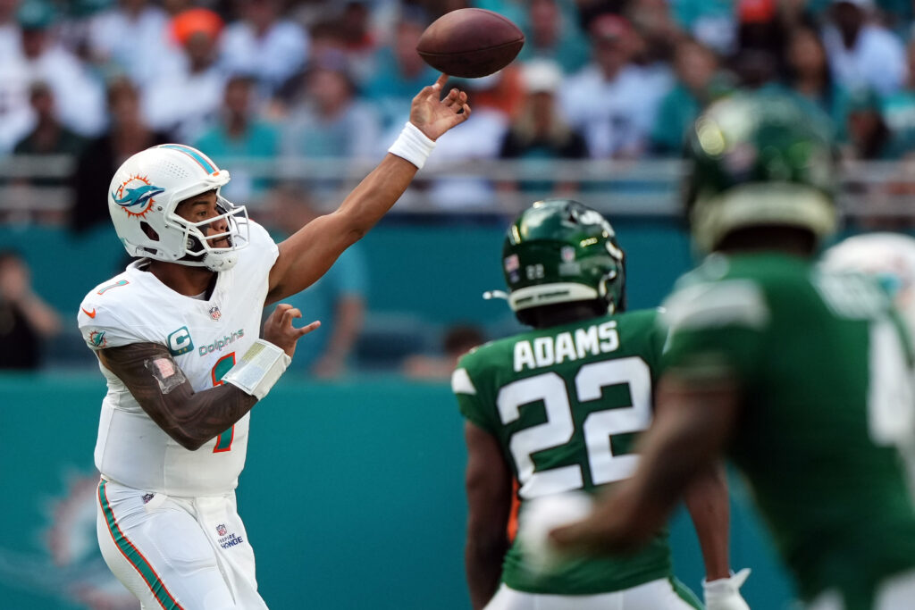 Miami Dolphins quarterback Tua Tagovailoa (1) attempts a pass against the New York Jets during the first half at Hard Rock Stadium.