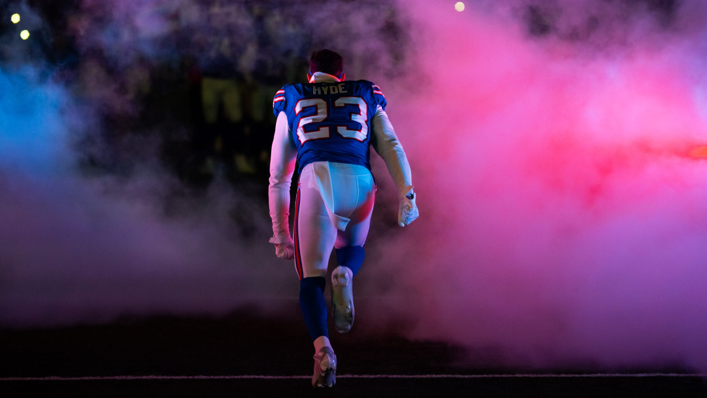 Bills safety Micah Hyde runs out of the tunnel before a game