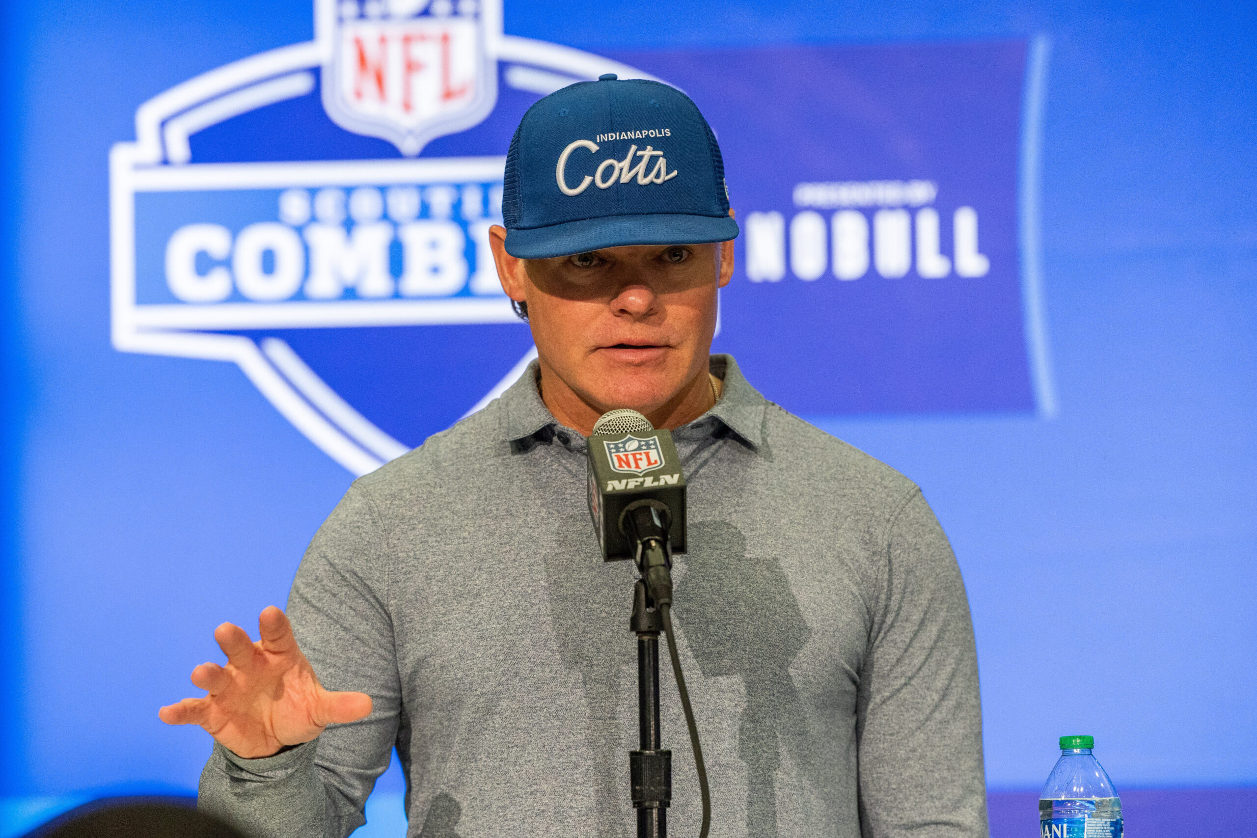 Indianapolis Colts general manager Chris Ballard talks to the media at the 2024 NFL Combine at Indiana Convention Center.