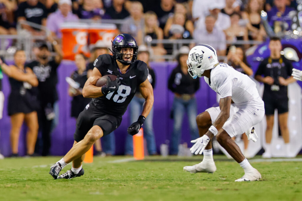 TCU Horned Frogs wide receiver Jack Bech (18) runs with the ball during the second quarter against the UCF Knights at Amon G. Carter Stadium.