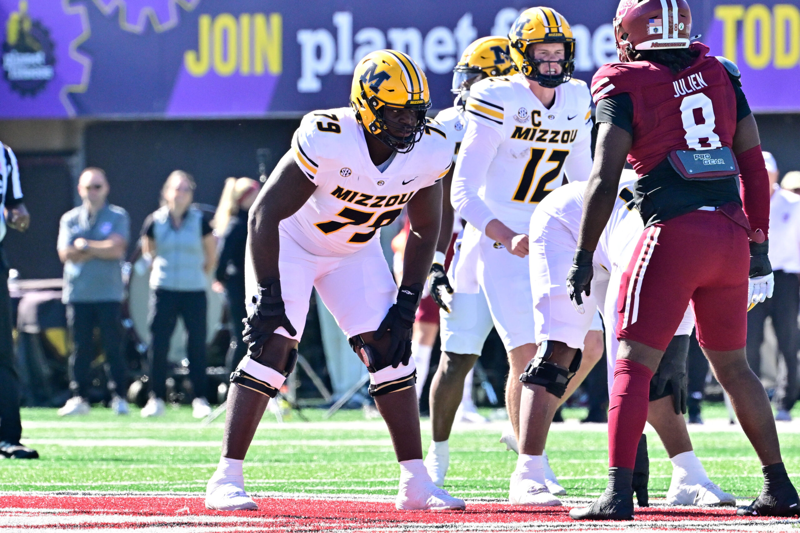 Missouri Tigers offensive lineman Armand Membou (79) lines up against the Massachusetts Minutemen during the first half at Warren McGuirk Alumni Stadium.