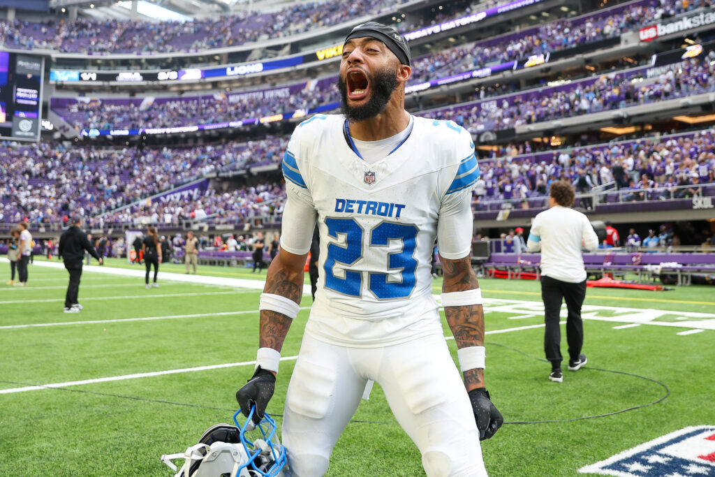 Detroit Lions cornerback Carlton Davis III (23) celebrates his teams win after the game against the Minnesota Vikings at U.S. Bank Stadium.