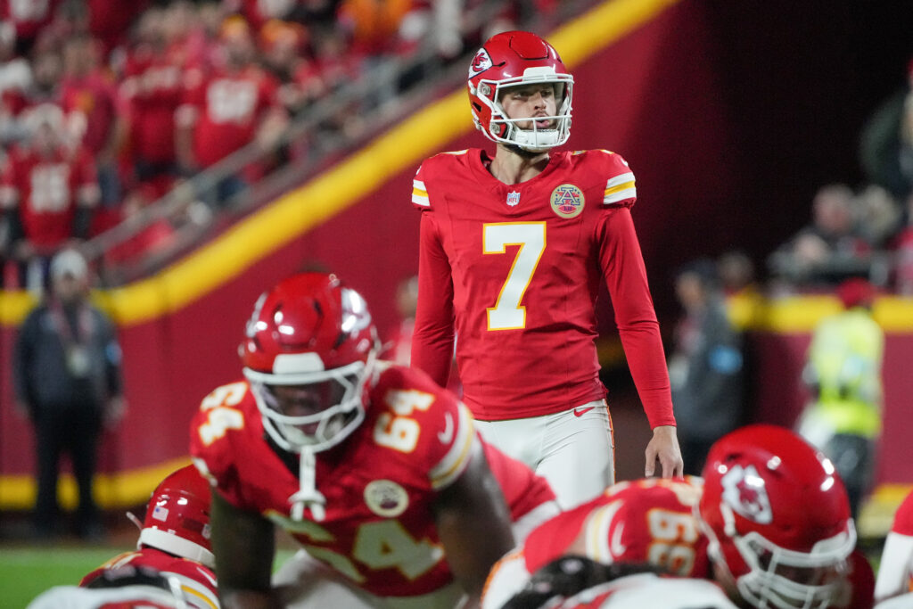 Kansas City Chiefs place kicker Harrison Butker (7) prepares to kick a field goal against the Tampa Bay Buccaneers during the game at GEHA Field.