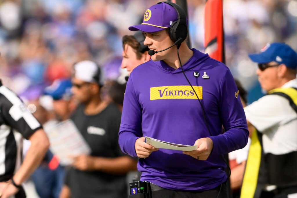 Minnesota Vikings head coach Kevin O’Connell paces the sidelines against the Tennessee Titans during the first half at Nissan Stadium.