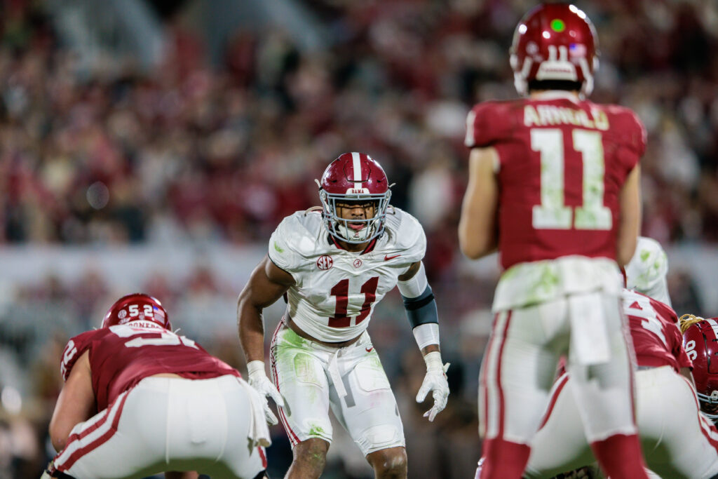 Alabama Crimson Tide linebacker Jihaad Campbell (11) ready for the play during the third quarter against the Oklahoma Sooners at Gaylord Family-Oklahoma Memorial Stadium.