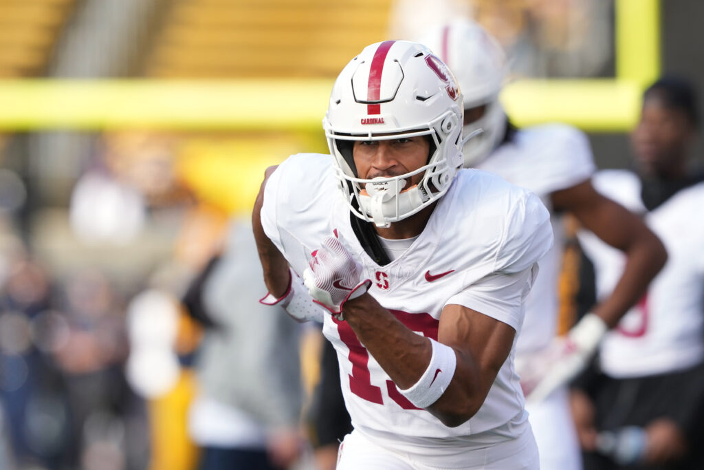 Stanford Cardinal wide receiver Elic Ayomanor (13) warms up before the game against the California Golden Bears at California Memorial Stadium.