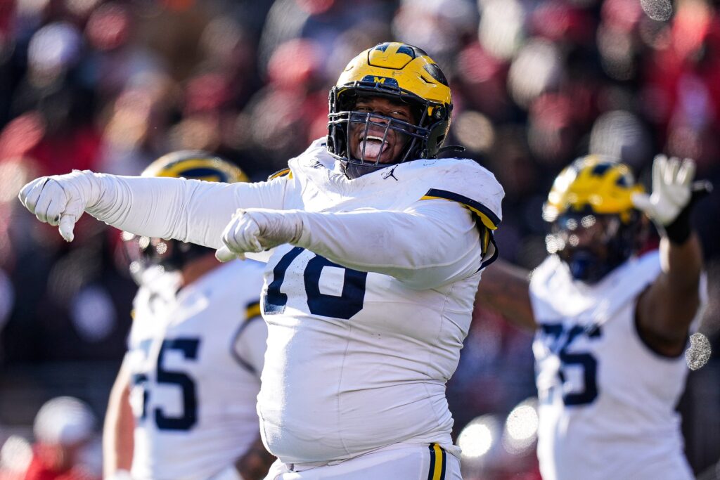 Michigan defensive lineman Kenneth Grant (78) celebrates after Ohio State misses a field goal during the second half at Ohio Stadium in Columbus, Ohio