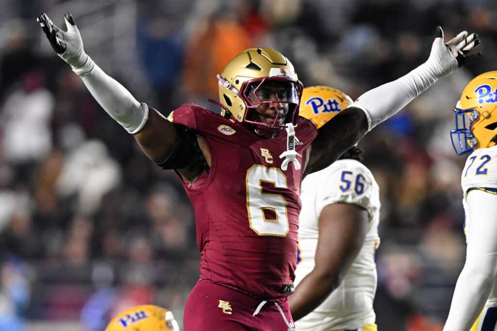 Boston College Eagles defensive end Donovan Ezeiruaku (6) reacts after a sack against the Pittsburgh Panthers during the second half at Alumni Stadium.