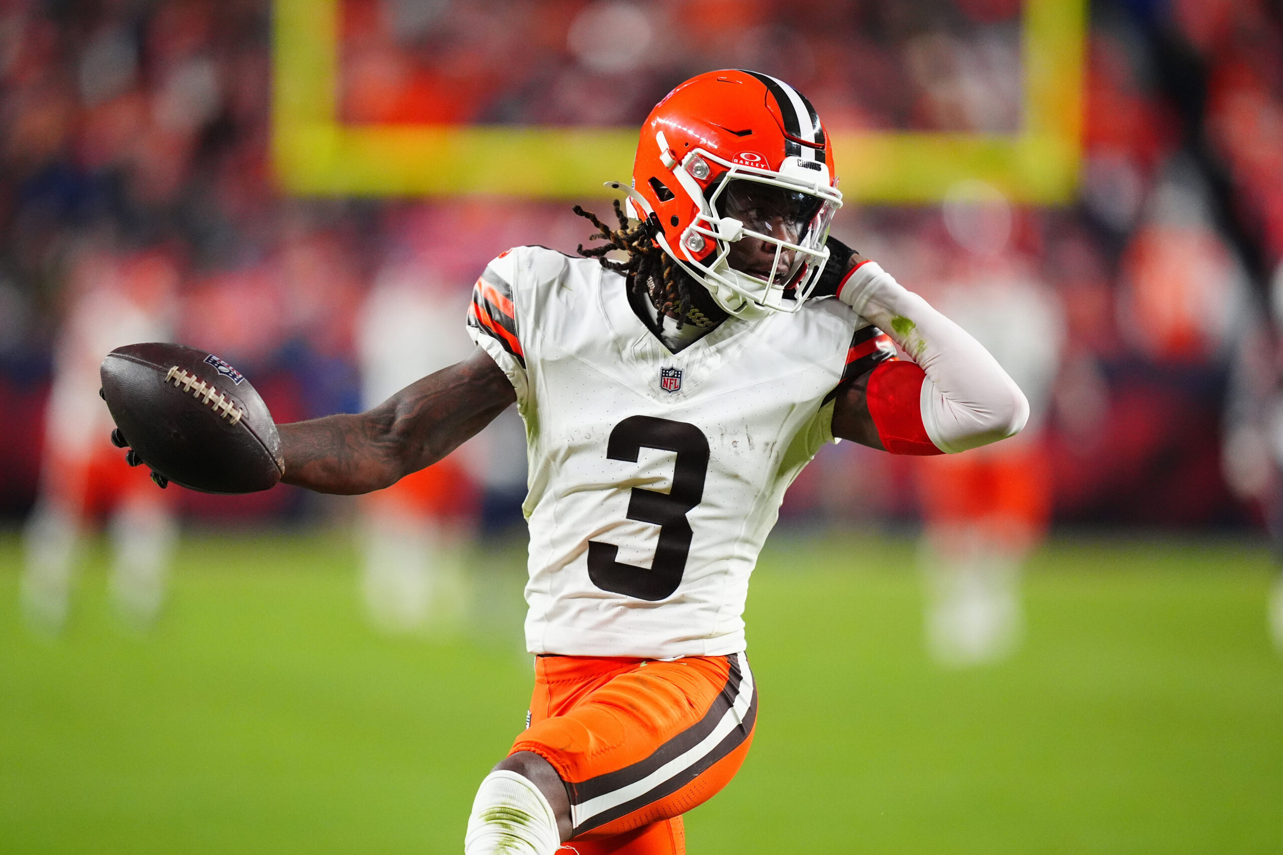 Cleveland Browns wide receiver Jerry Jeudy (3) scores a touchdown in the third quarter against the Denver Broncos at Empower Field at Mile High.