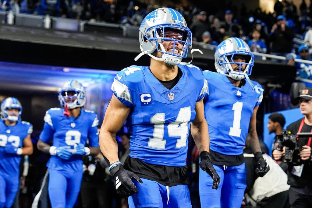 Detroit Lions wide receiver Amon-Ra St. Brown (14) takes the field for warm up before the game between Detroit Lions and Green Bay Packers at Ford Field in Detroit.