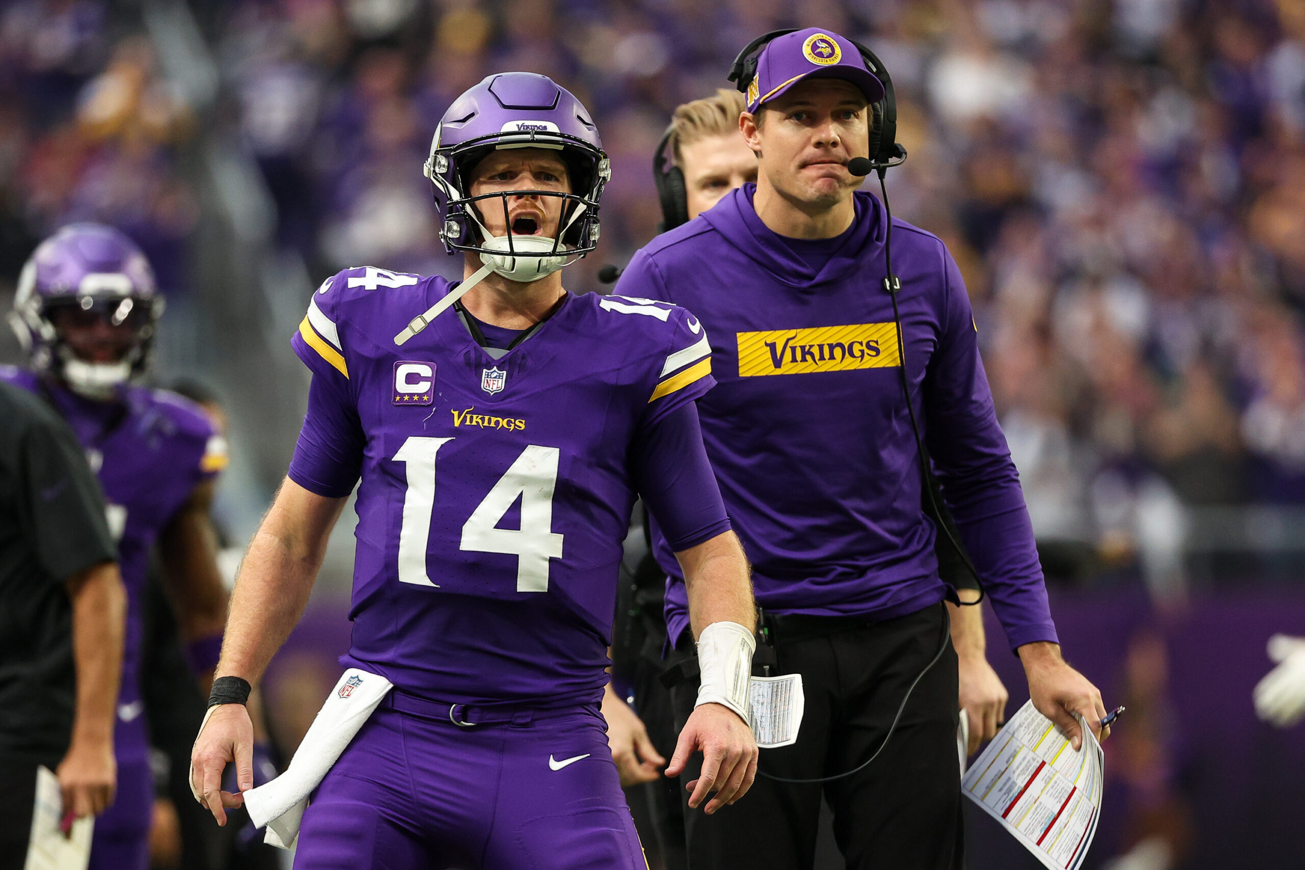 Minnesota Vikings quarterback Sam Darnold (14) celebrates his touchdown pass to wide receiver Justin Jefferson (18) against the Atlanta Falcons during the second quarter at U.S. Bank Stadium.