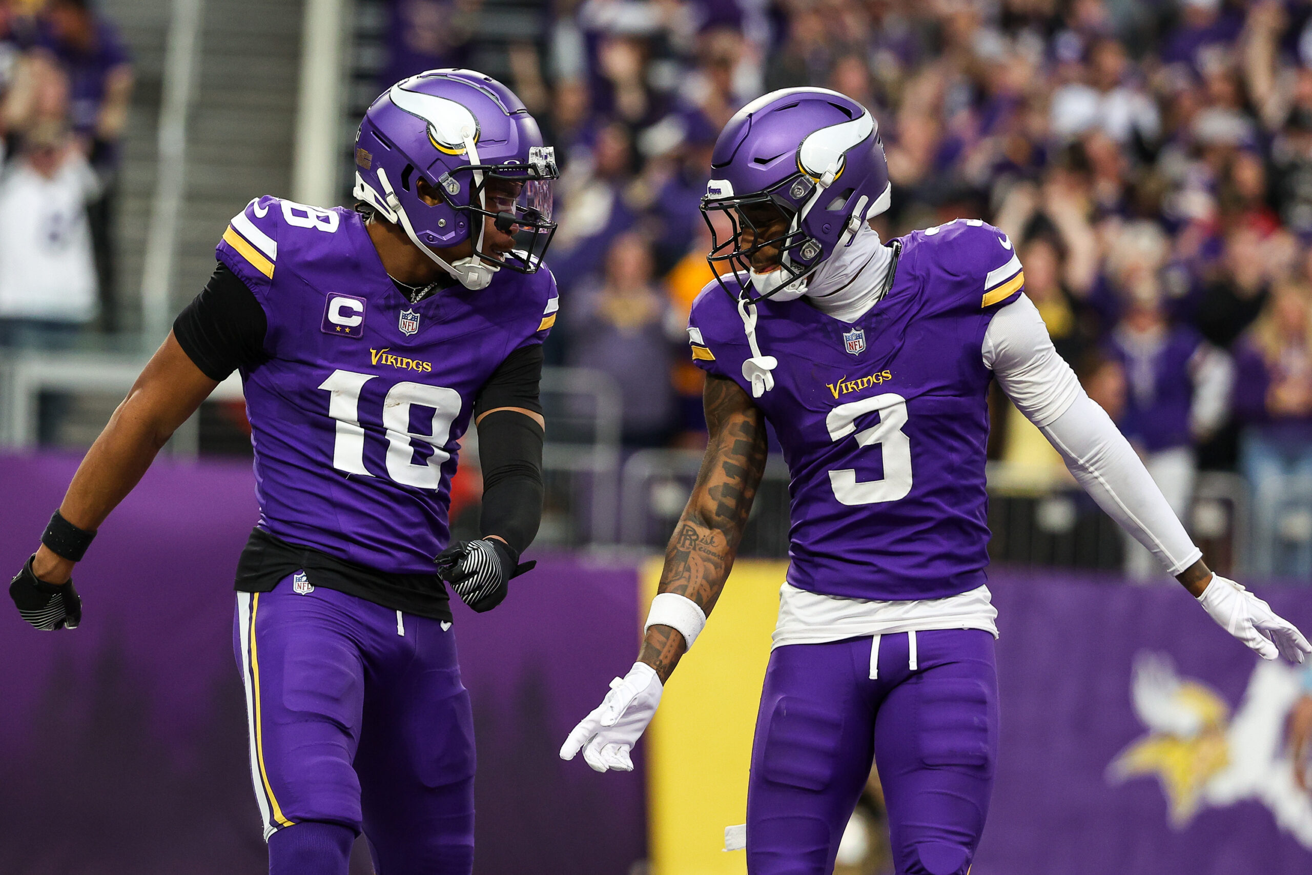 Minnesota Vikings wide receiver Justin Jefferson (18) celebrates his touchdown against the Atlanta Falcons during the third quarter at U.S. Bank Stadium.