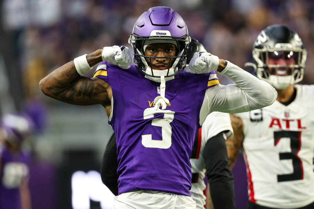 Minnesota Vikings wide receiver Jordan Addison (3) celebrates his catch against the Atlanta Falcons during the fourth quarter at U.S. Bank Stadium.