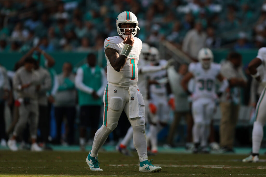 Miami Dolphins quarterback Tua Tagovailoa (1) looks on from the field against the New York Jets during the fourth quarter at Hard Rock Stadium.