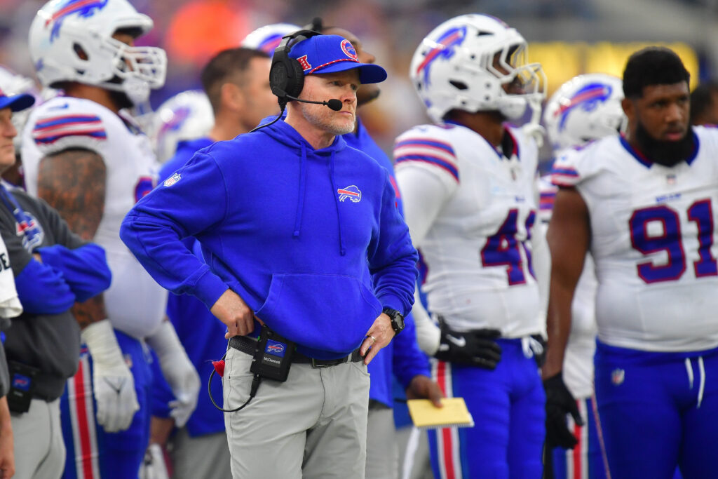 Buffalo Bills head coach Sean McDermott watches game action against the Los Angeles Rams during the first half at SoFi Stadium.