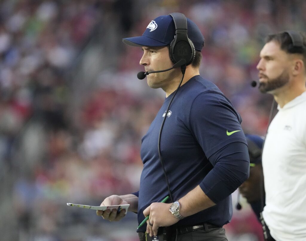 Seattle Seahawks head coach Mike Macdonald watches his team play against the Arizona Cardinals during the third quarter at State Farm Stadium in Glendale on Dec. 8, 2024.