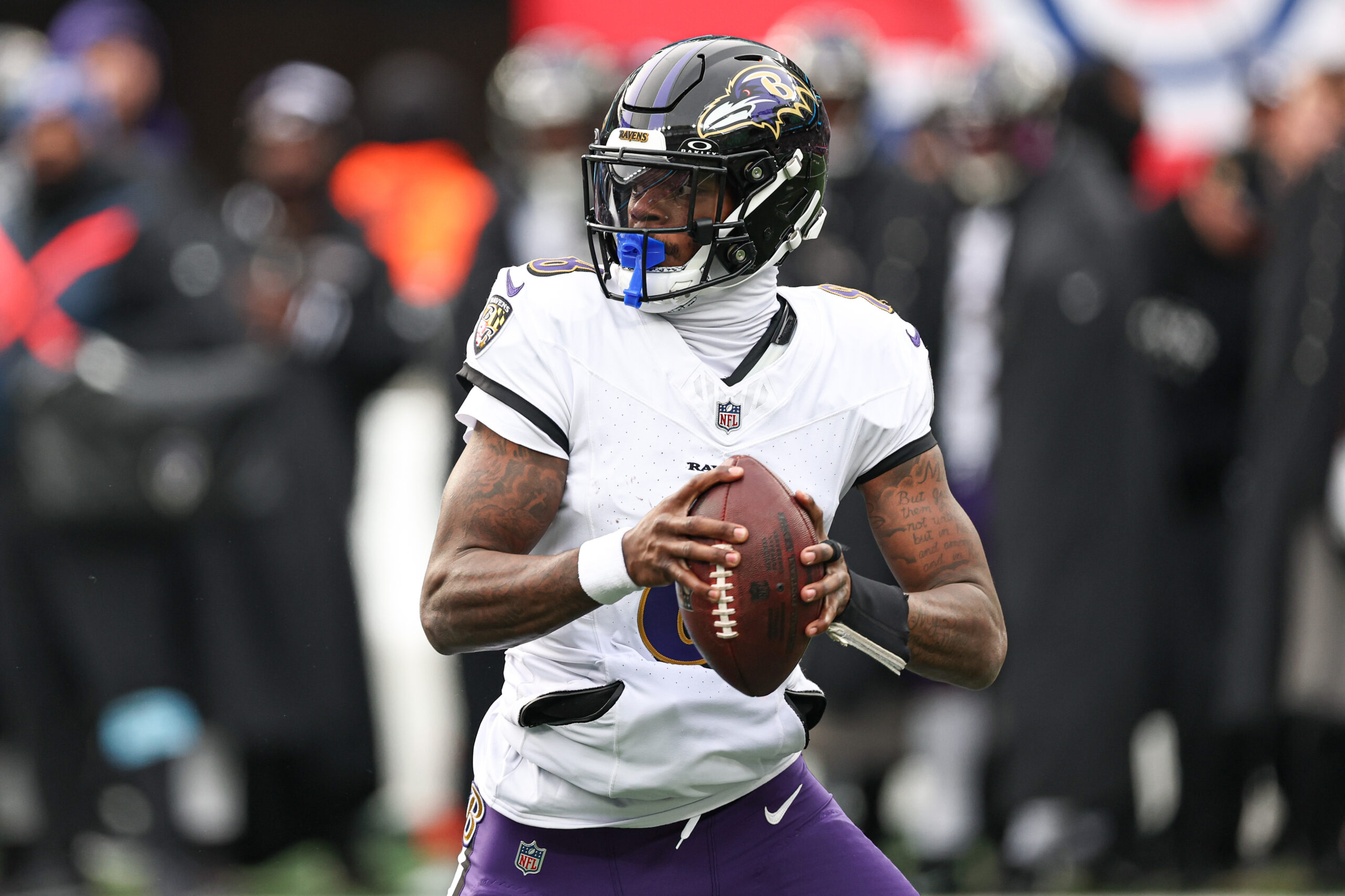 Baltimore Ravens quarterback Lamar Jackson (8) scrambles during the first quarter against the New York Giants at MetLife Stadium.