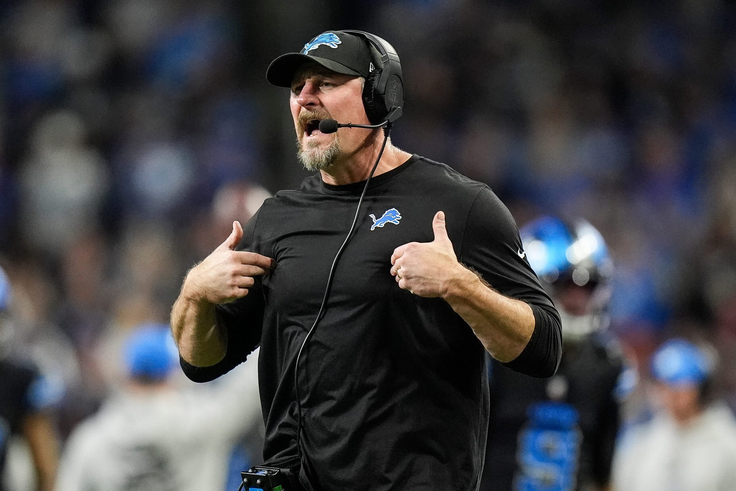 Detroit Lions head coach Dan Campbell reacts to a play against Buffalo Bills during the first half at Ford Field in Detroit on Sunday, Dec. 15, 2024.