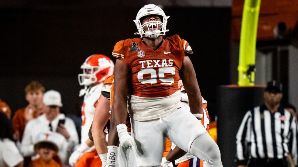 Dec 21, 2024; Austin, Texas, USA; Texas Longhorns defensive lineman Alfred Collins (95) celebrates after a quarterback sack against the Clemson Tigers in the fourth quarter at Darrell K Royal Texas Memorial Stadium.   Mandatory Credit: Sara Diggins/USA Today Network via Imagn Images