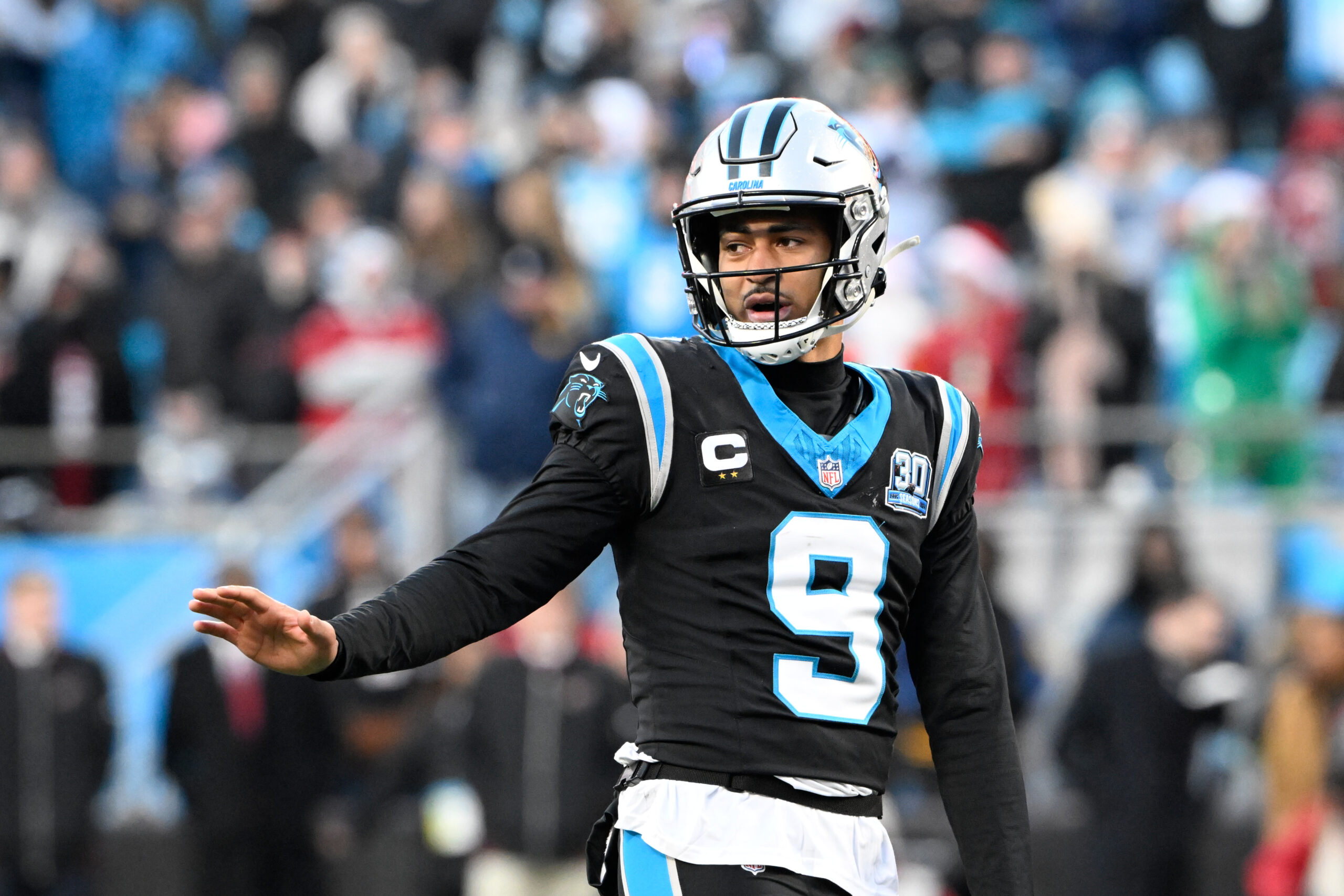 Carolina Panthers quarterback Bryce Young (9) on the field in overtime at Bank of America Stadium.