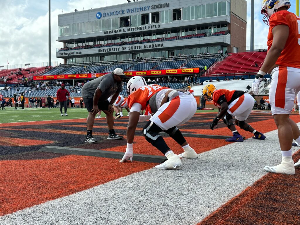 Alabama A&M offensive tackle Carson Vinson goes through drills at the 2025 Senior Bowl in Mobile, Ala.