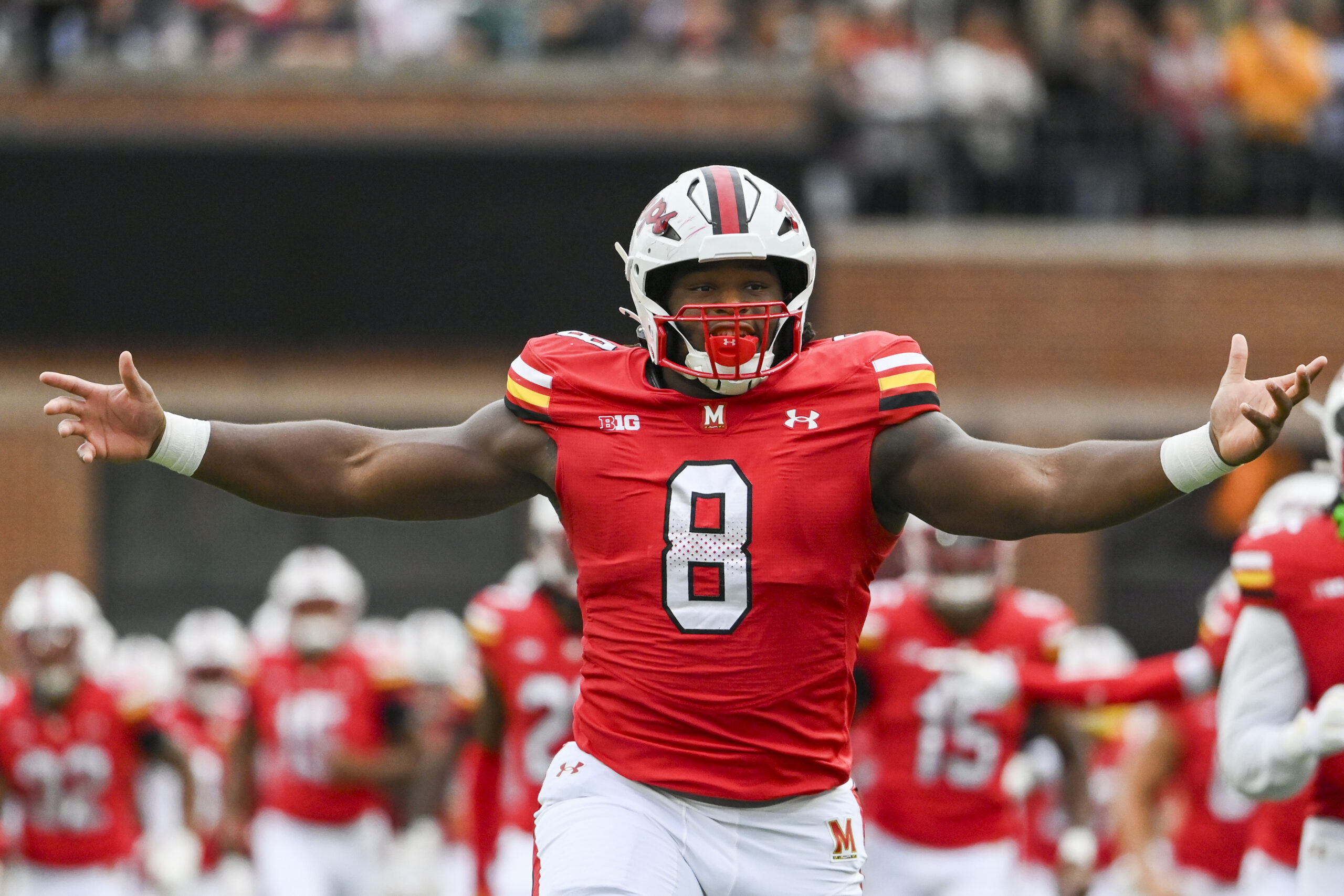 Maryland Terrapins defensive lineman Jordan Phillips (8) takes the field before the game against the Michigan State Spartans at SECU Stadium.