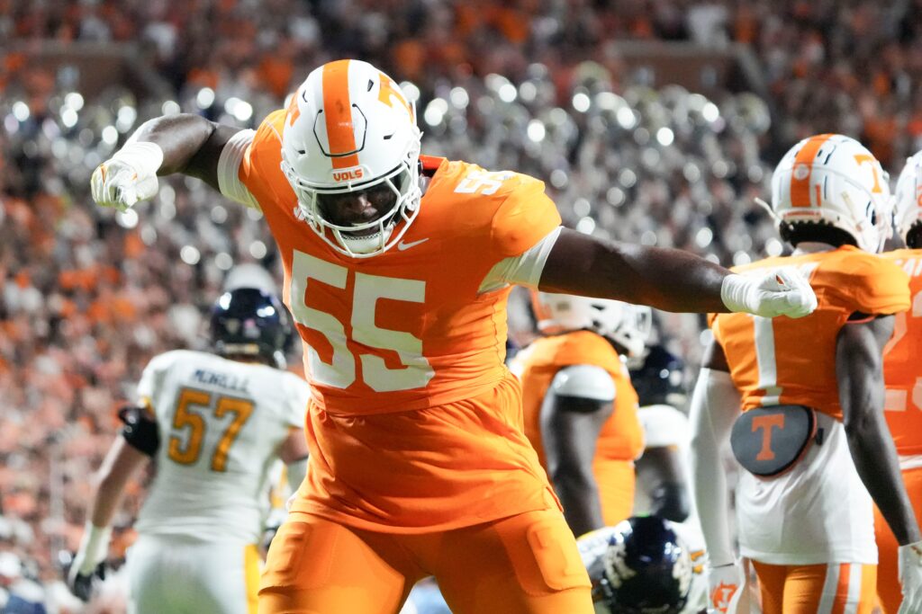 Tennessee defensive lineman Omarr Norman-Lott (55) celebrating after a play during the NCAA college football game against Kent State.