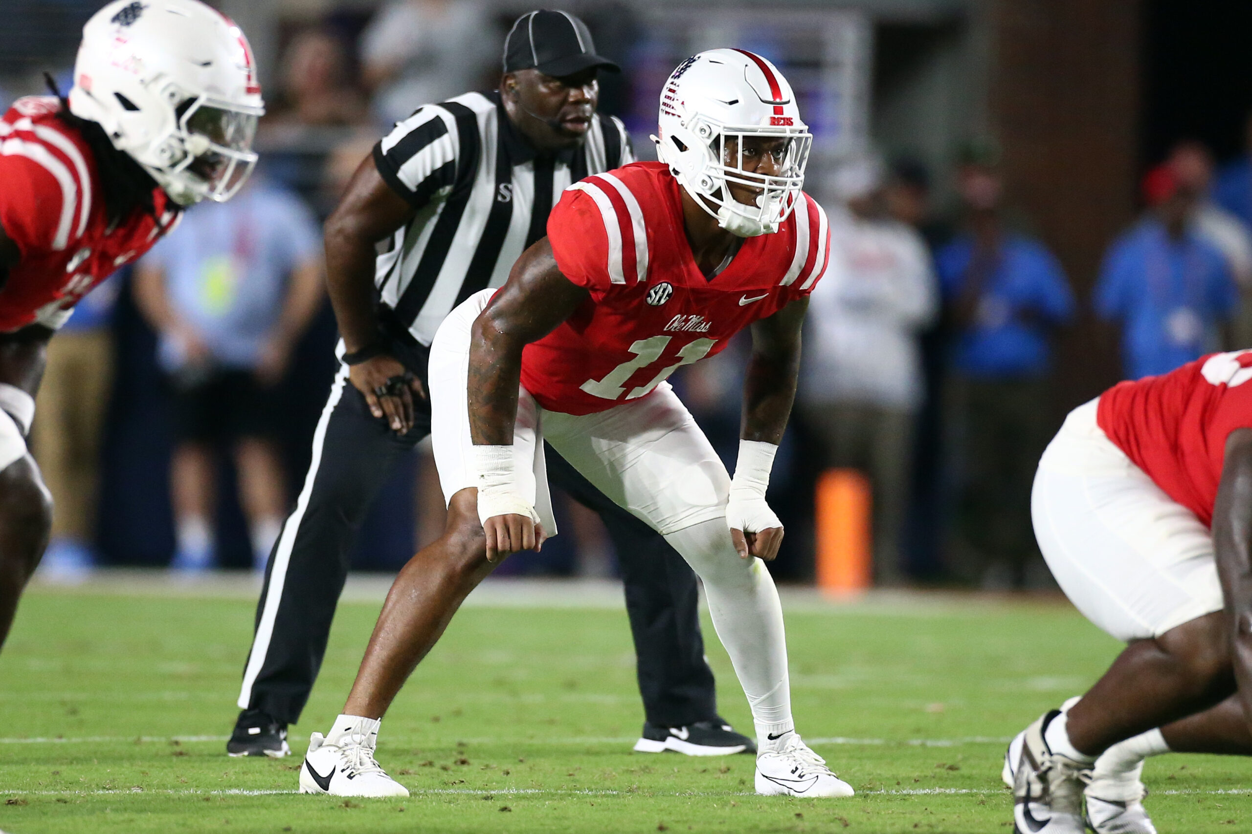 Mississippi Rebels linebacker Chris Paul Jr. (11) waits for the snap during the first half against the Georgia Southern Eagles at Vaught-Hemingway Stadium.