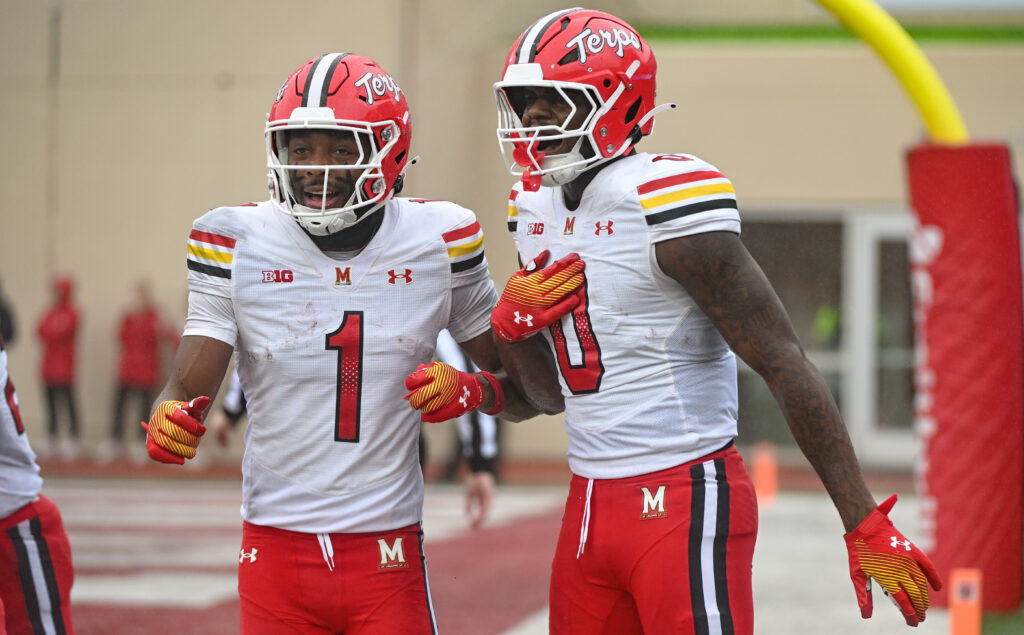 Maryland Terrapins wide receiver Kaden Prather (1) and tight end Dylan Wade (0) celebrate after a touchdown against the Indiana Hoosiers.