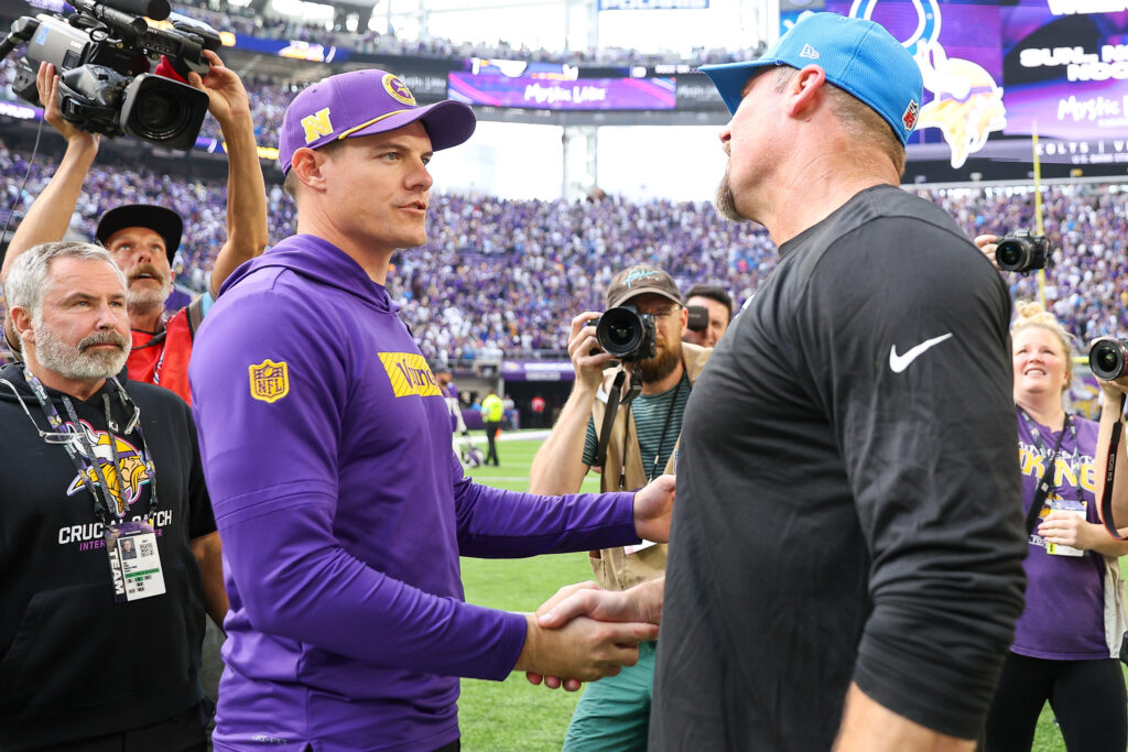 Minnesota Vikings head coach Kevin O'Connell and Detroit Lions head coach Dan Campbell shakes hands after the game at U.S. Bank Stadium.