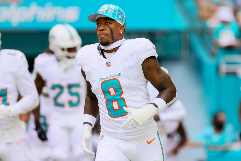 Miami Dolphins safety Jevon Holland (8) enters the field before the game against the Arizona Cardinals at Hard Rock Stadium. 