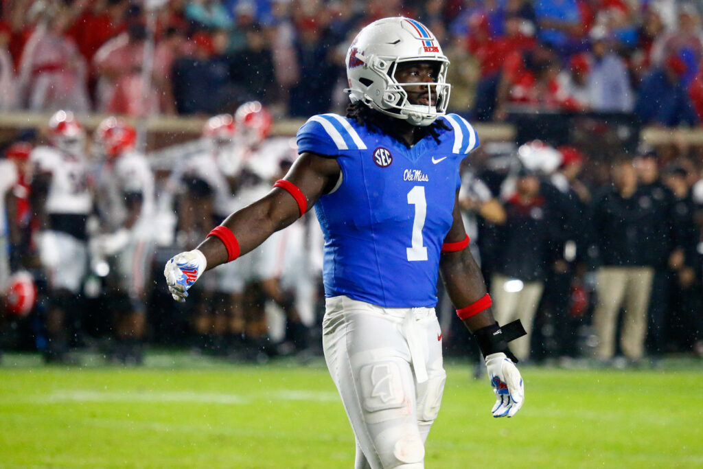 Mississippi Rebels defensive lineman Princely Umanmielen (1) reacts during the second half against the Georgia Bulldogs at Vaught-Hemingway Stadium.