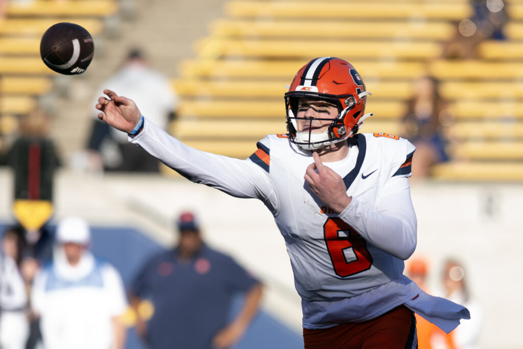 Syracuse Orange quarterback Kyle McCord (6) throws a pass against the California Golden Bears during the third quarter at California Memorial Stadium.