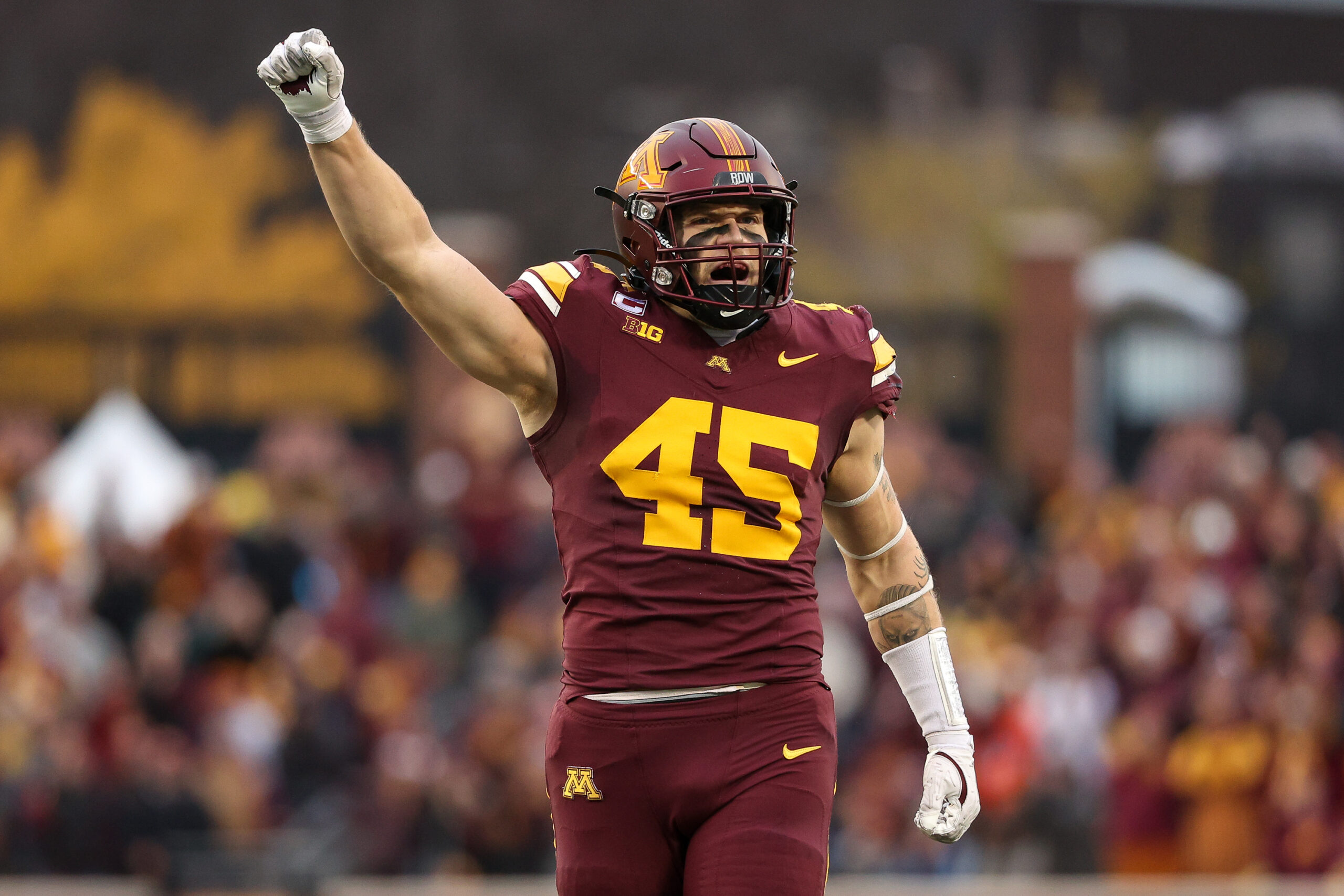 Minnesota Golden Gophers linebacker Cody Lindenberg (45) celebrates during the second quarter against the Penn State Nittany Lions at Huntington Bank Stadium.