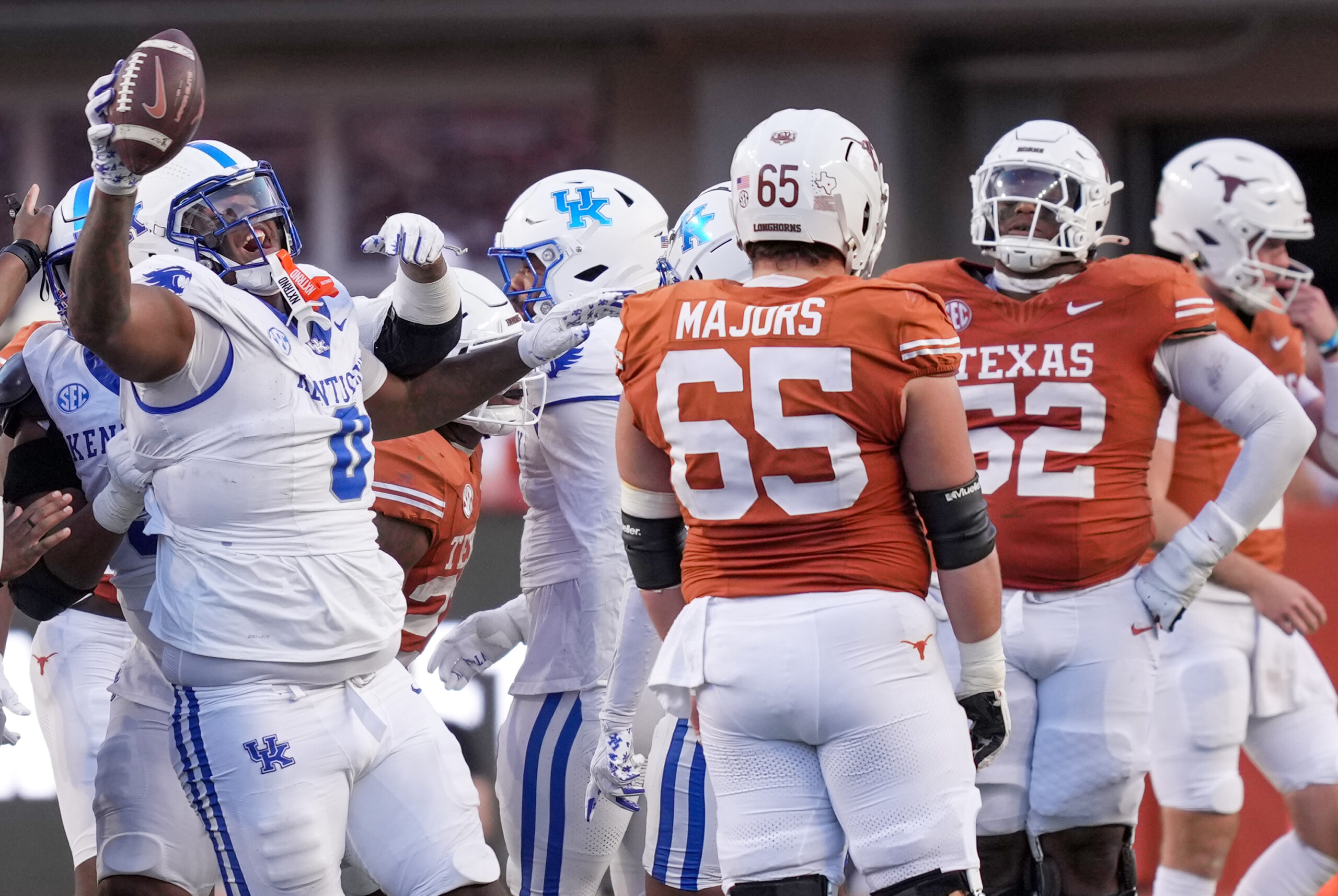 Kentucky Wildcats defensive tackle Deone Walker (0) celebrates after a fumble recovery against Texas Longhorns at Darrell K Royal Texas Memorial Stadium.