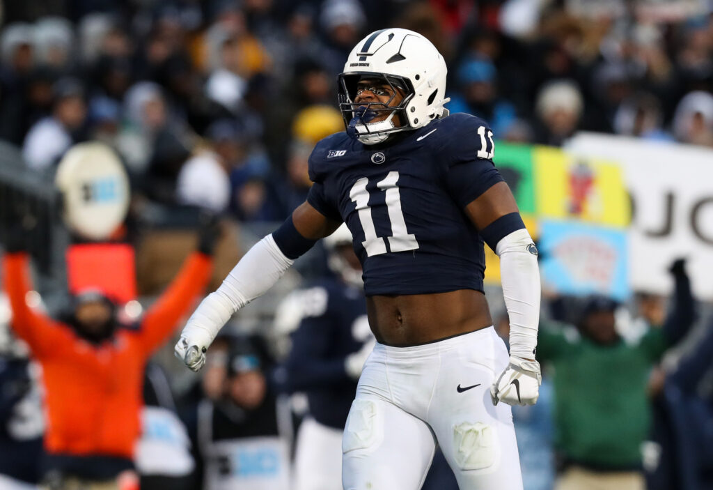 Penn State Nittany Lions defensive end Abdul Carter (11) reacts after sacking Maryland Terrapins quarterback MJ Morris (not pictured) during the first quarter at Beaver Stadium.