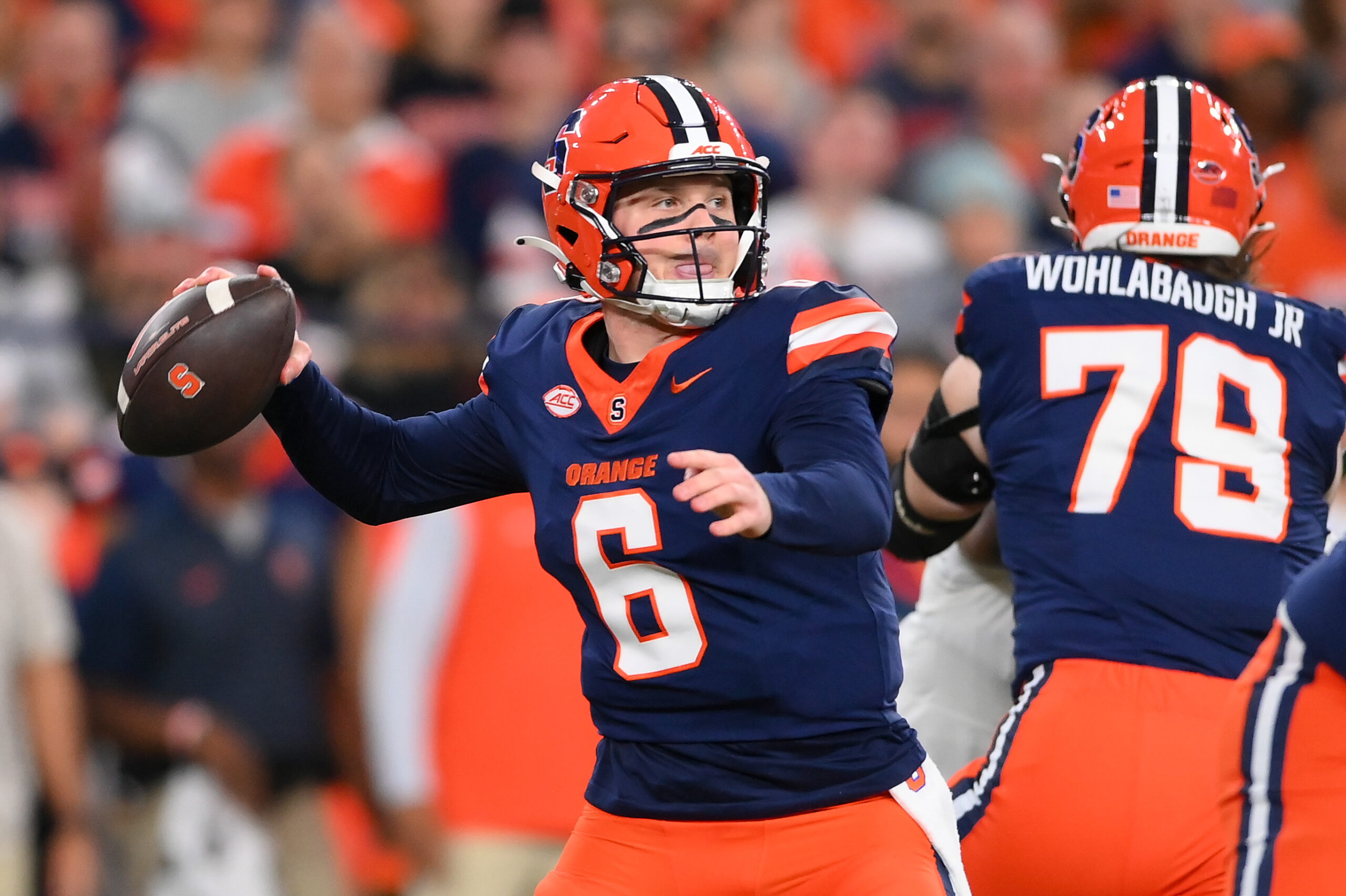 Syracuse Orange quarterback Kyle McCord (6) passes the ball against the Miami Hurricanes at the JMA Wireless Dome.