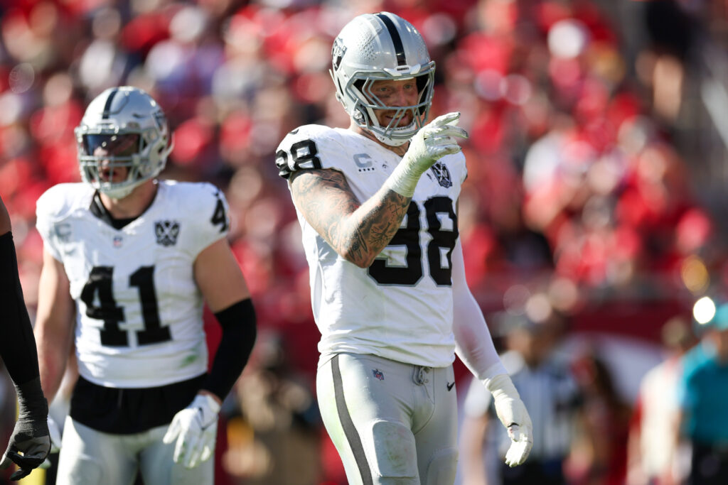 Las Vegas Raiders defensive end Maxx Crosby (98) celebrates after a sack against the Tampa Bay Buccaneers at Raymond James Stadium.