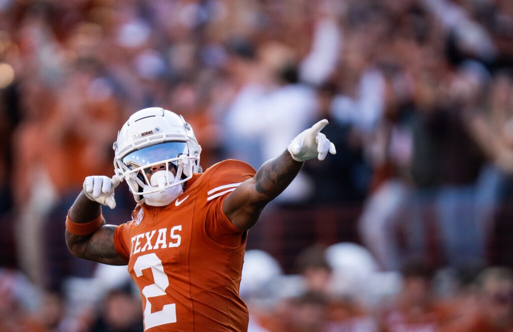 Texas Longhorns wide receiver Matthew Golden (2) celebrates a catch in the second quarter as the Texas Longhorns play the Clemson Tigers in the first round of the College Football Playoffs at Darrell K Royal Texas Memorial Stadium.