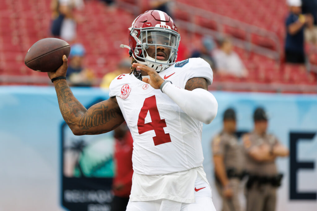 Alabama Crimson Tide quarterback Jalen Milroe (4) throws the ball before a game against the Michigan Wolverines at Raymond James Stadium.